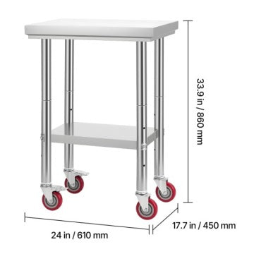 Vevor Stainless Steel Table on Wheels 61 x 45 x 86 cm with Height Adjustment